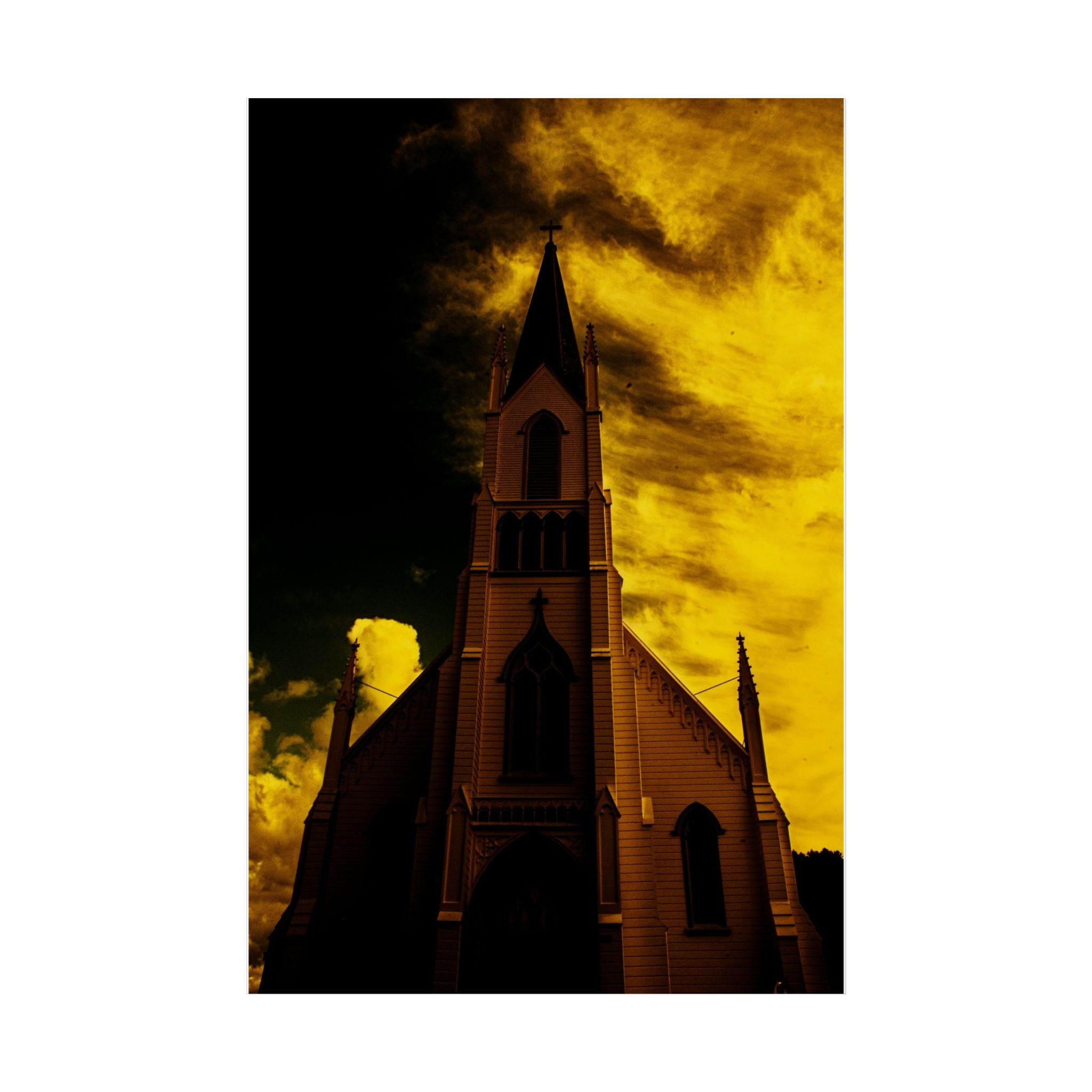 Gothic Church Silhouette Poster — Dramatic Yellow Sky Unframed Art