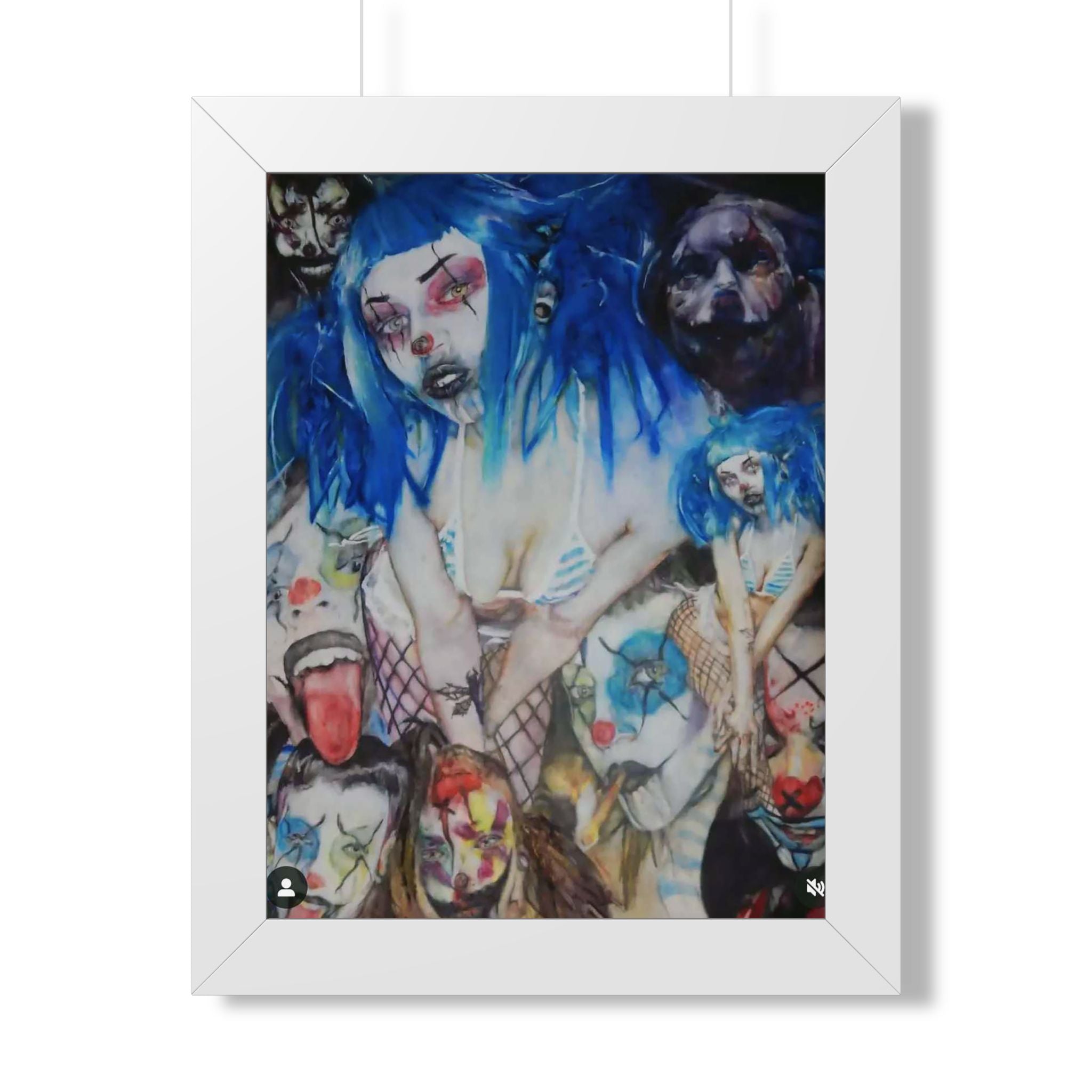 Dark Surreal Portrait Framed Poster — Blue-Haired Gothic Art Print