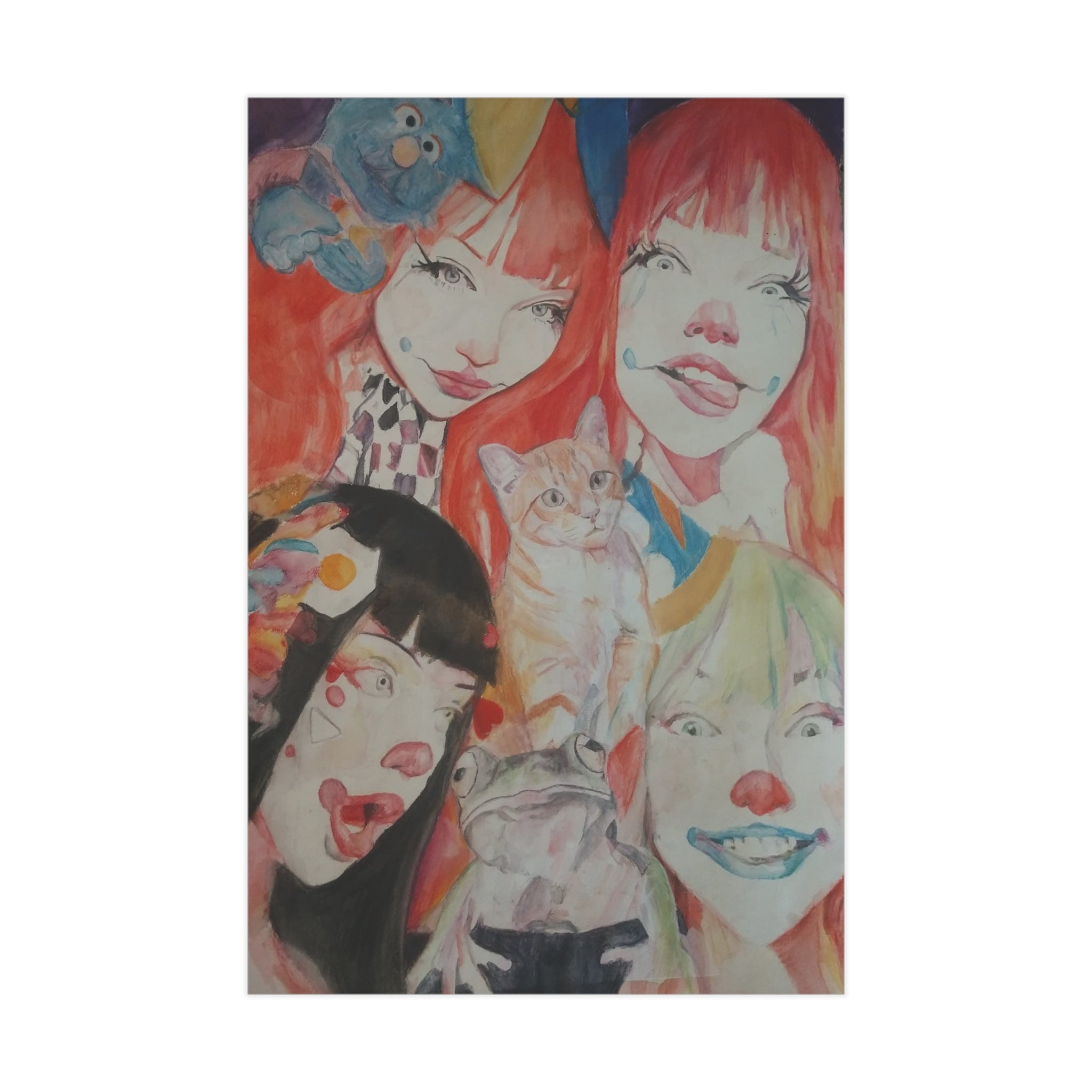 Surreal Redhead Girls & Cat Art Print — Colorful Portrait Wall Decor