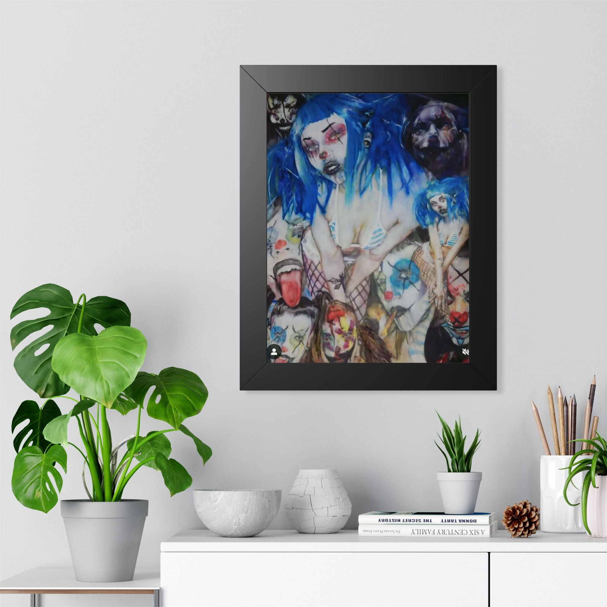 Dark Surreal Portrait Framed Poster — Blue-Haired Gothic Art Print