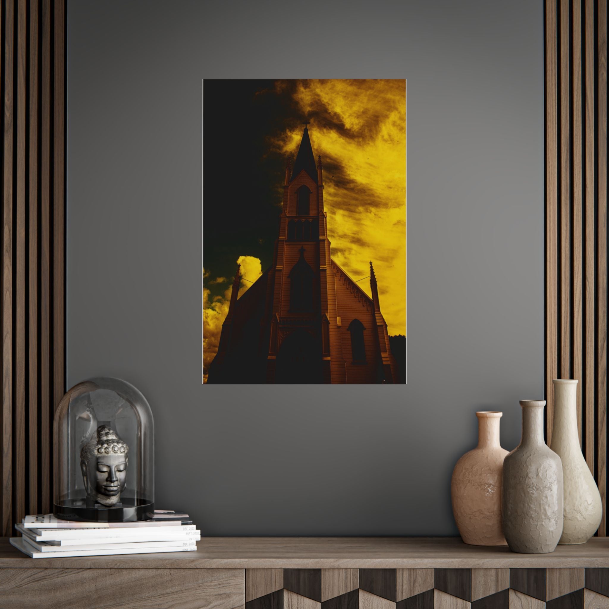 Gothic Church Silhouette Poster — Dramatic Yellow Sky Unframed Art