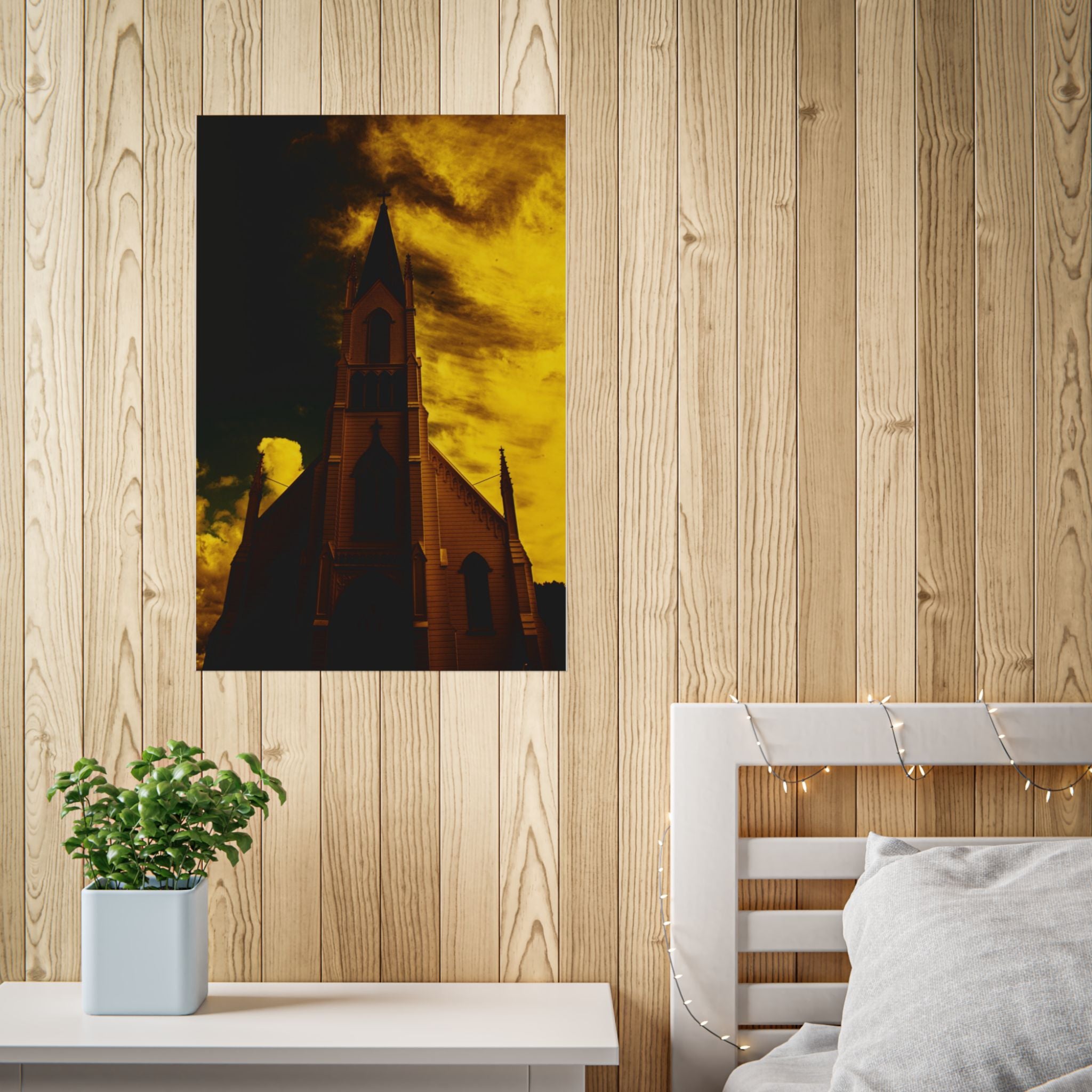 Gothic Church Silhouette Poster — Dramatic Yellow Sky Unframed Art