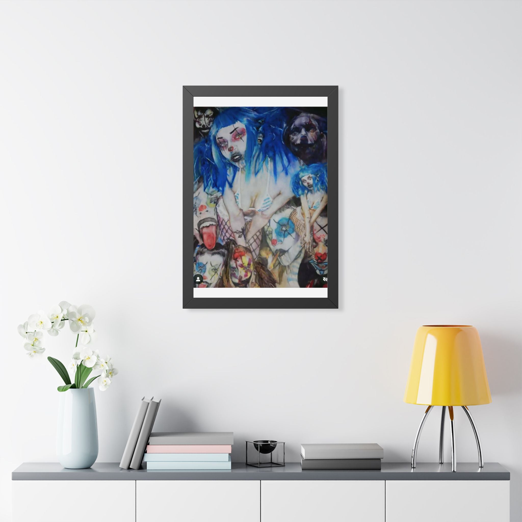 Dark Surreal Portrait Framed Poster — Blue-Haired Gothic Art Print