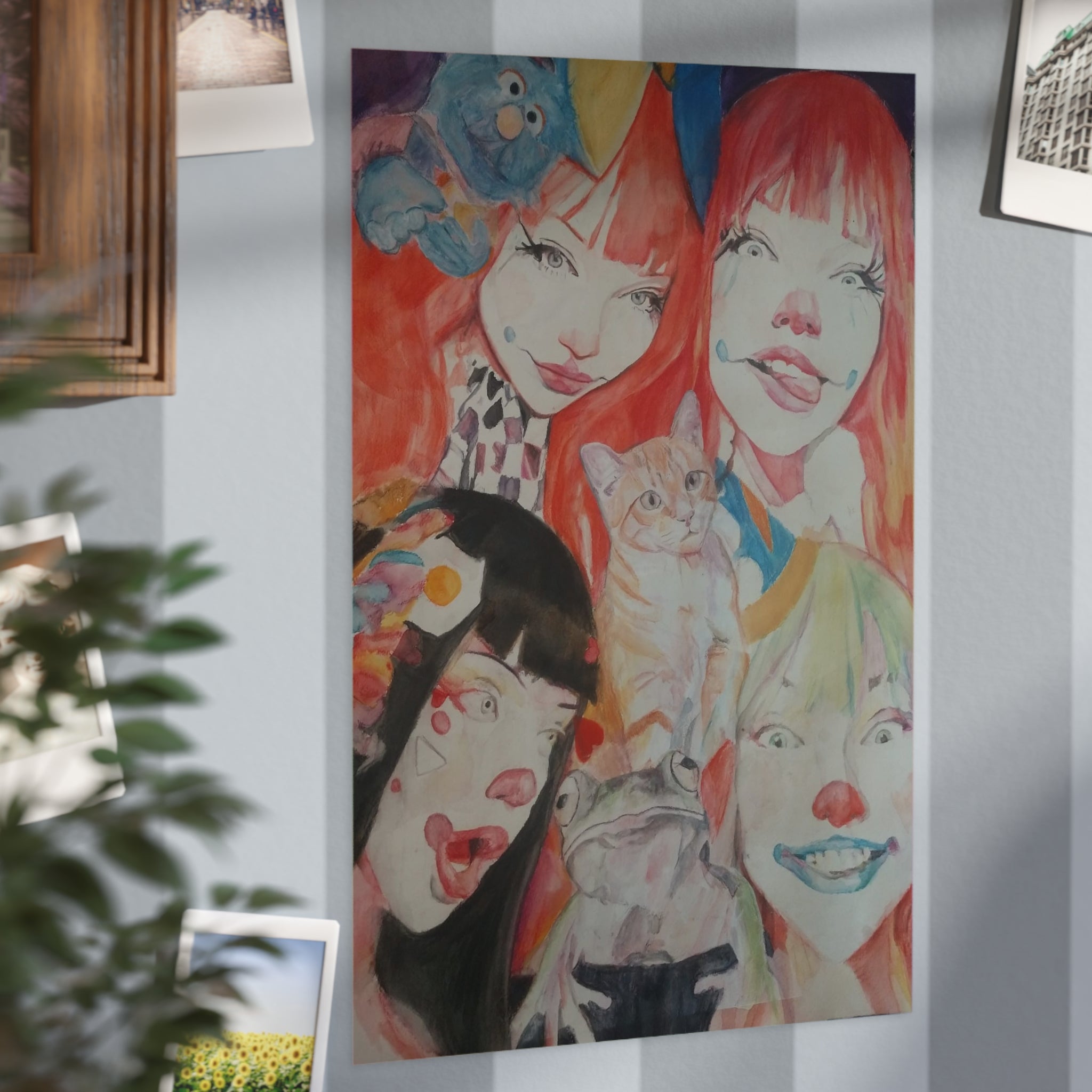 Surreal Redhead Girls & Cat Art Print — Colorful Portrait Wall Decor