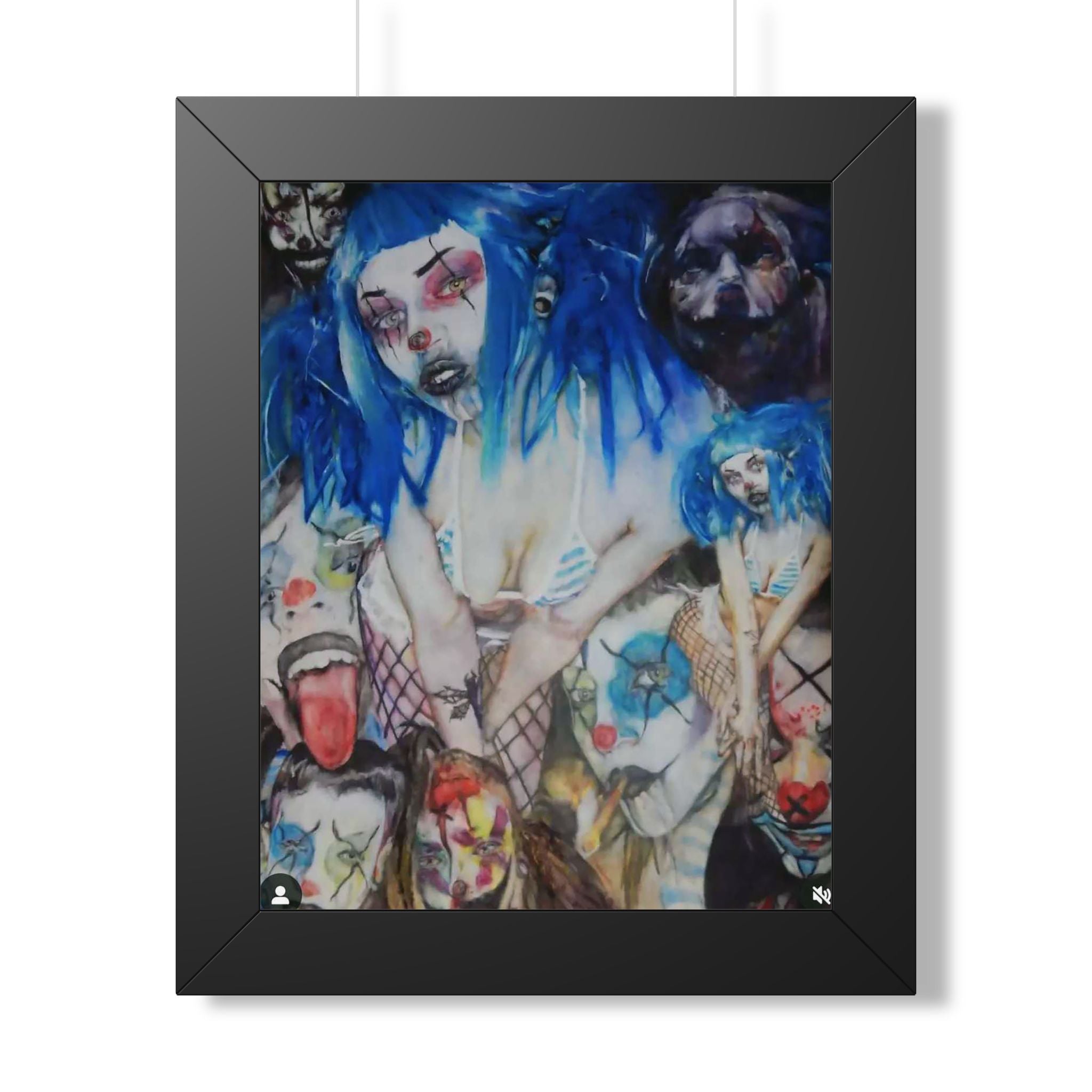 Dark Surreal Portrait Framed Poster — Blue-Haired Gothic Art Print