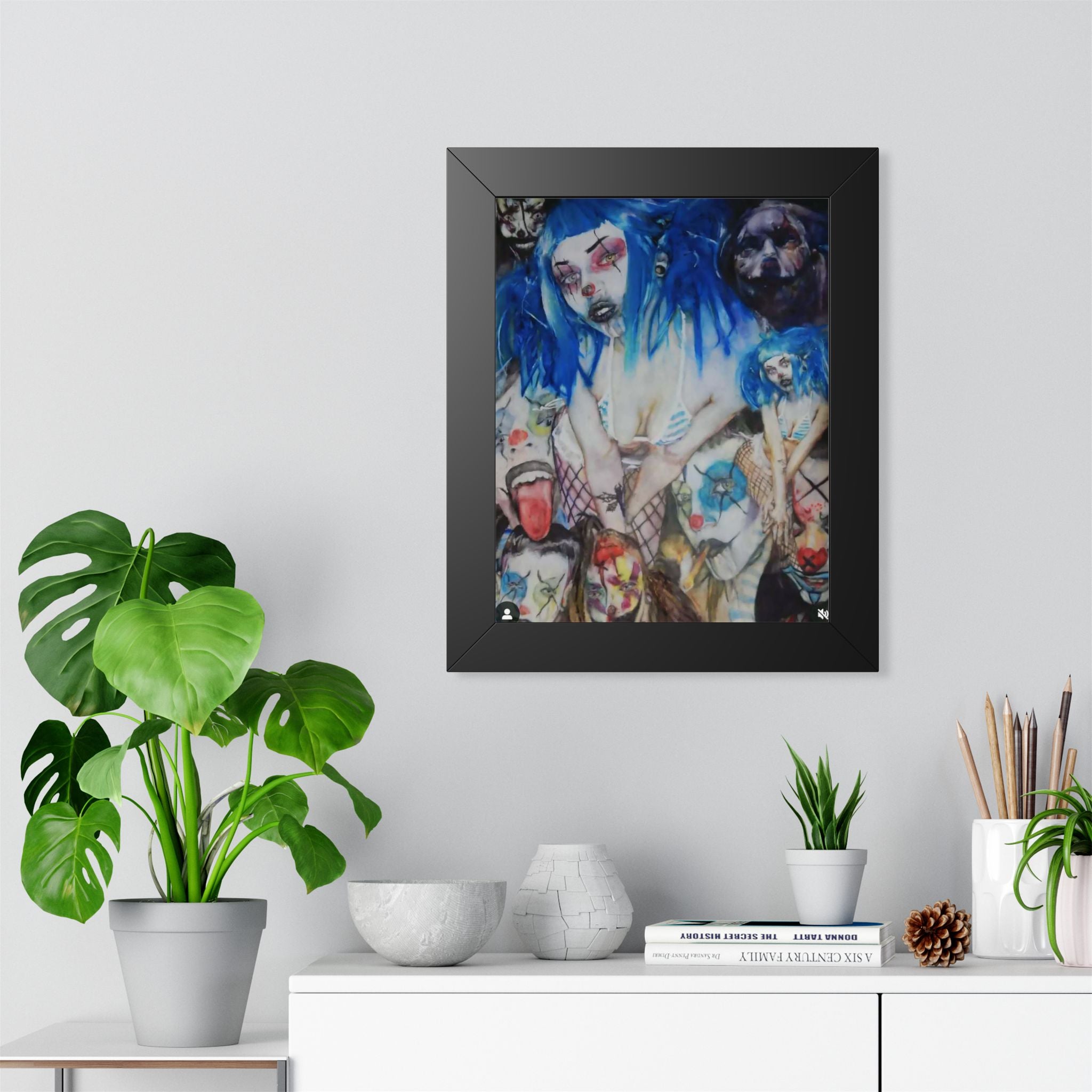 Dark Surreal Portrait Framed Poster — Blue-Haired Gothic Art Print