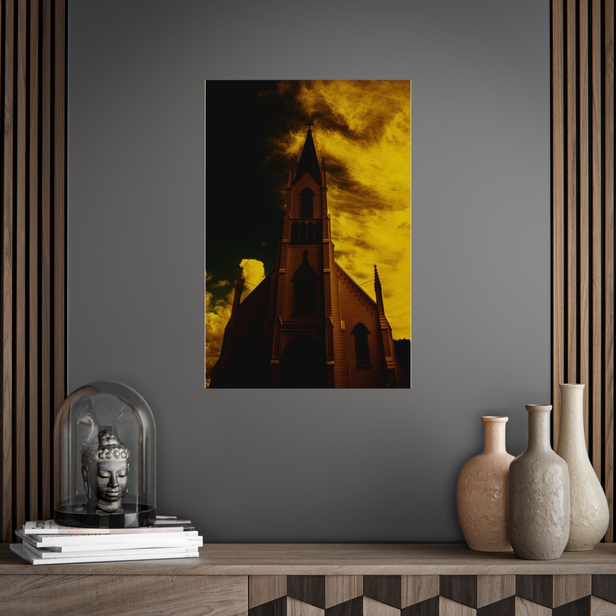 Gothic Church Silhouette Poster — Dramatic Yellow Sky Unframed Art
