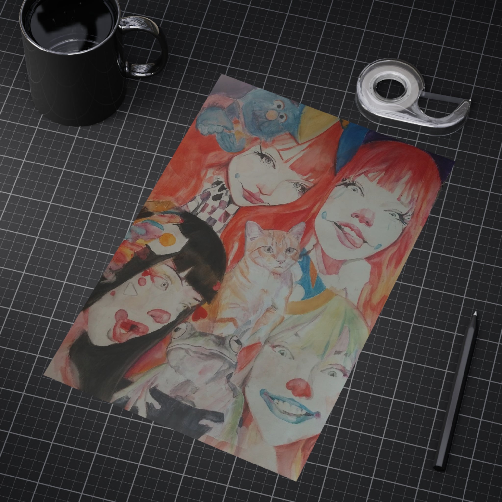 Surreal Redhead Girls & Cat Art Print — Colorful Portrait Wall Decor