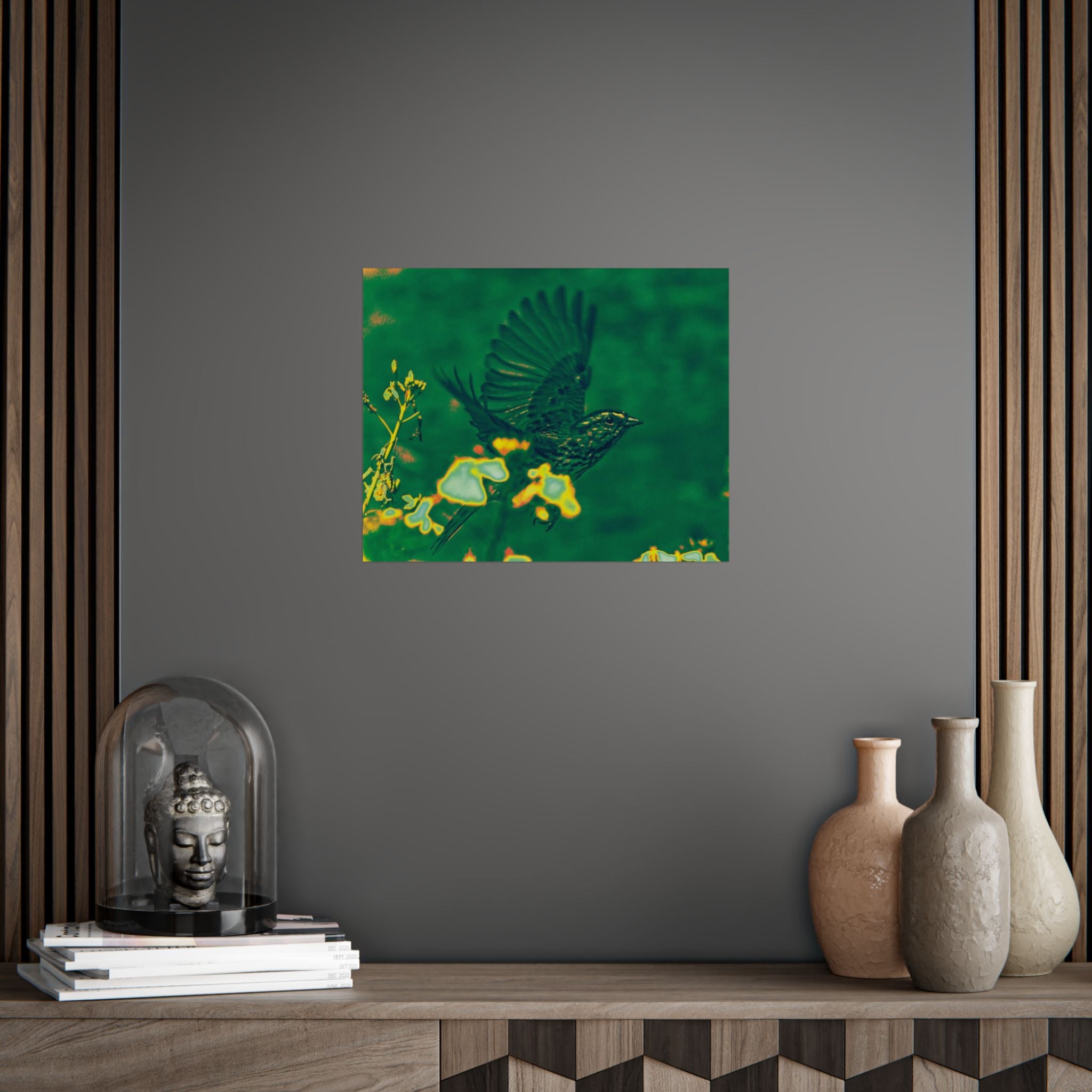 Green Flight Poster — Vintage Botanical Bird Wall Art