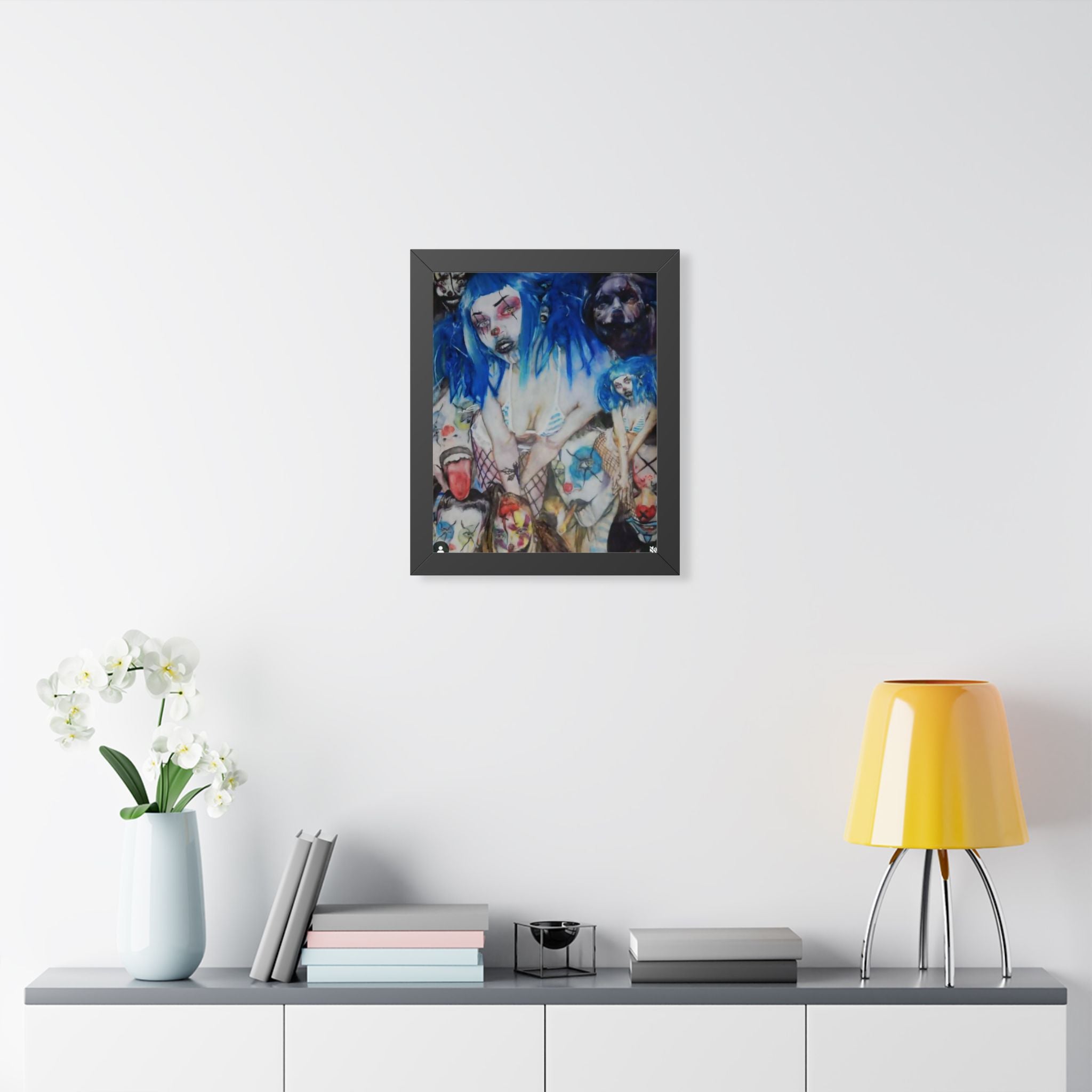 Dark Surreal Portrait Framed Poster — Blue-Haired Gothic Art Print