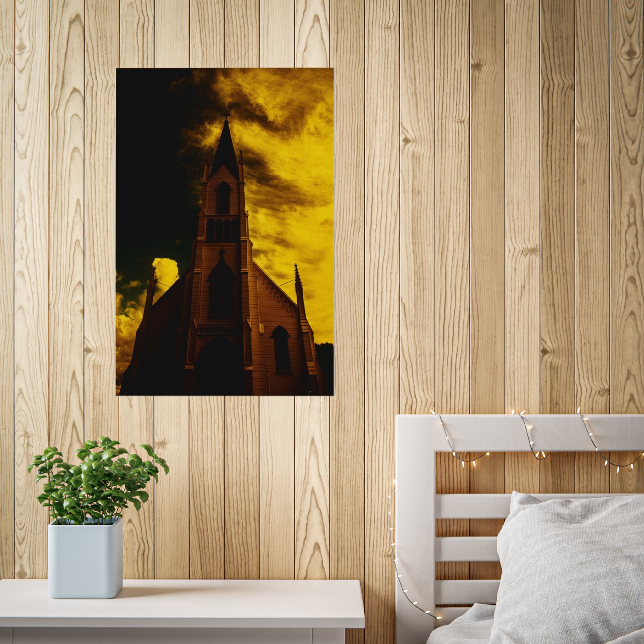 Gothic Church Silhouette Poster — Dramatic Yellow Sky Unframed Art