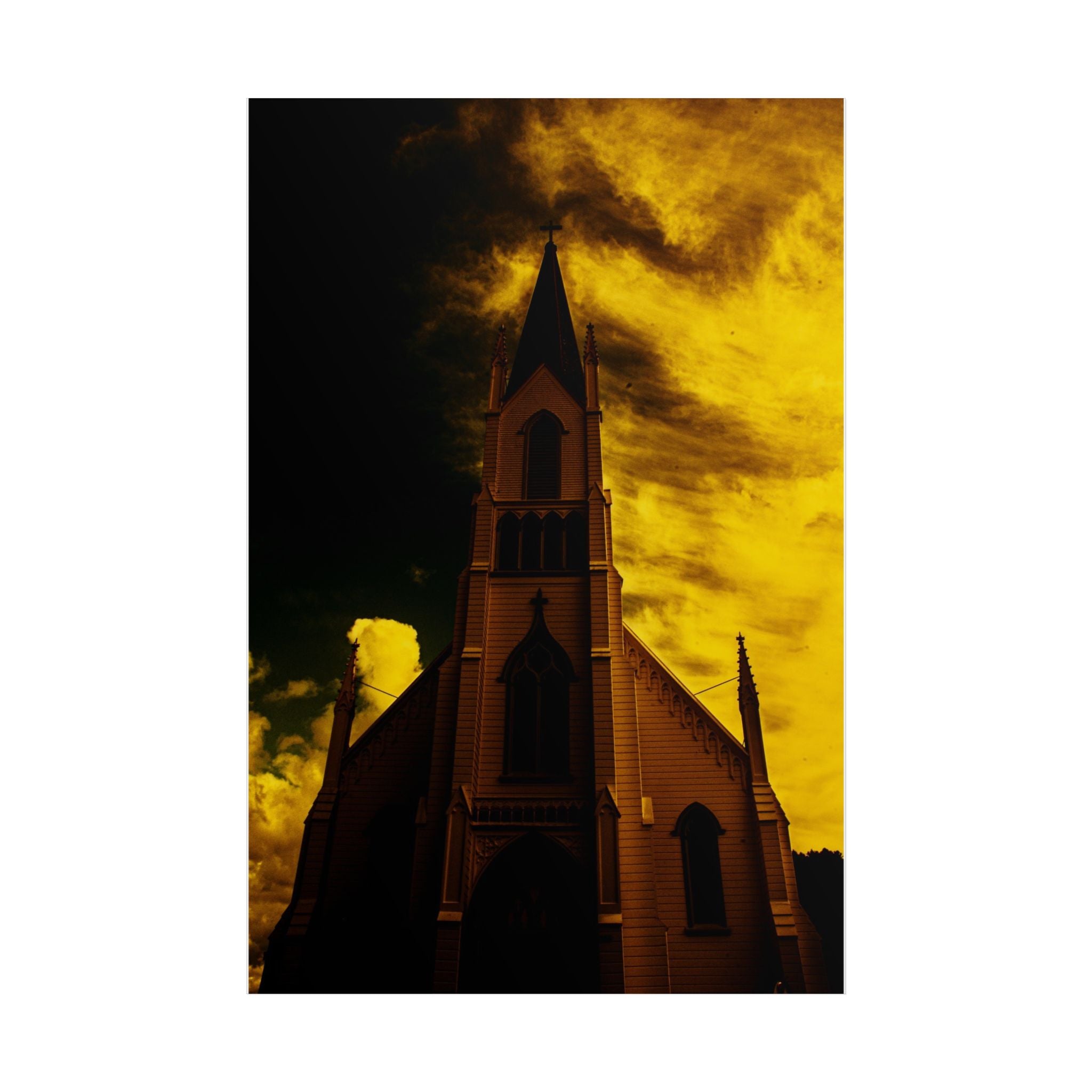 Gothic Church Silhouette Poster — Dramatic Yellow Sky Unframed Art