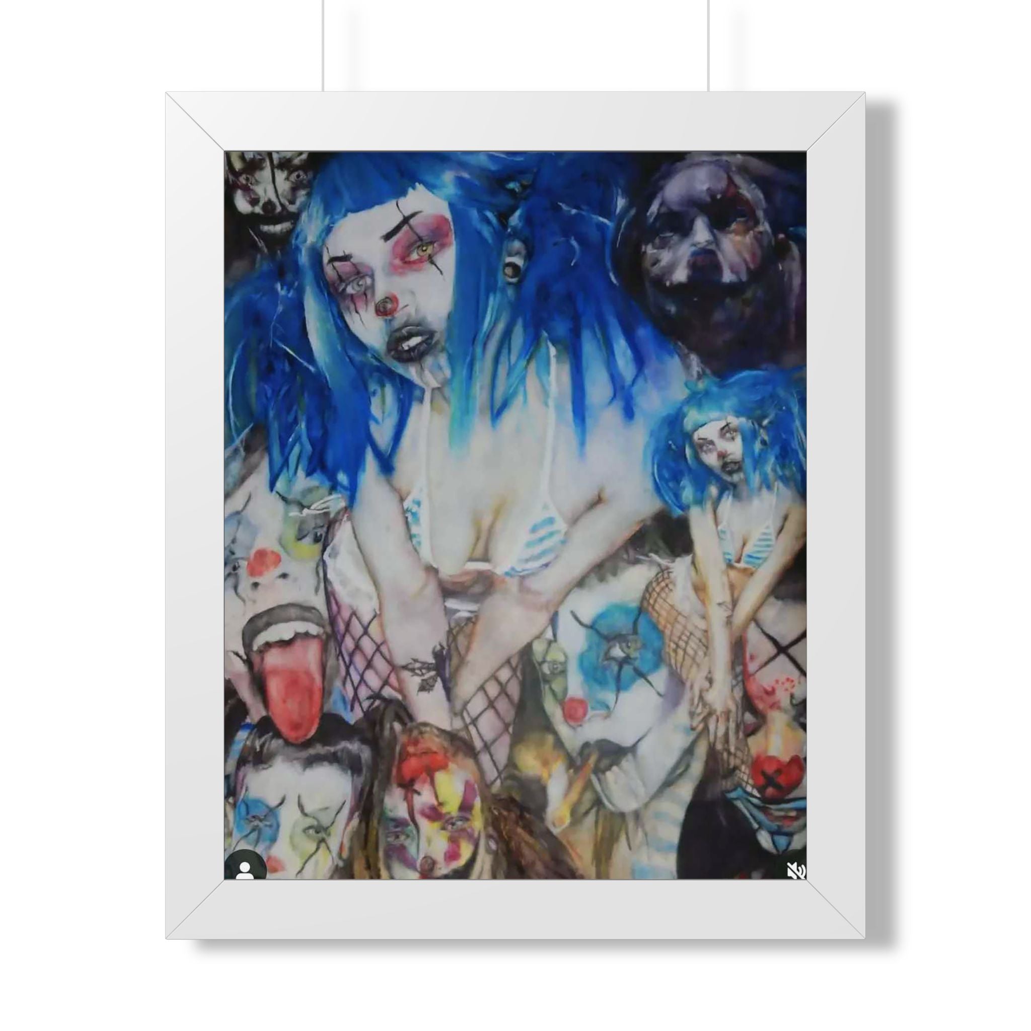 Dark Surreal Portrait Framed Poster — Blue-Haired Gothic Art Print
